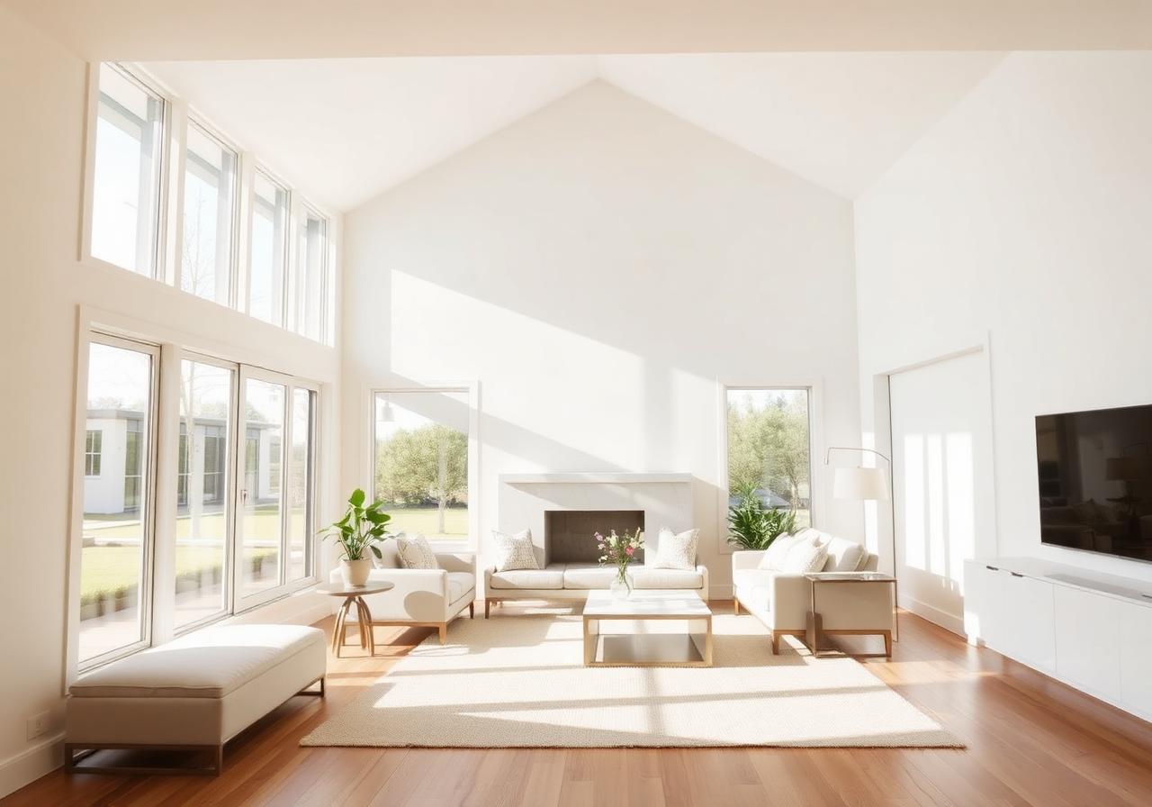 Sunlit living room in a suburban home, the kind of space a walkthrough video brings to life